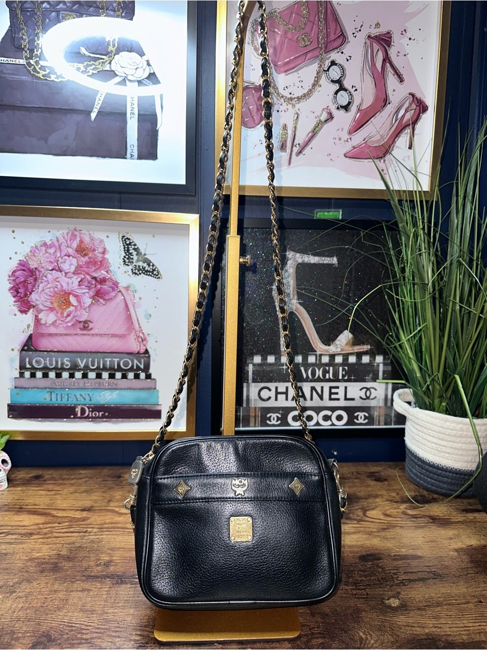 Vintage MCM Black Leather Chain Strap Crossbody Camera Bag Made in Korea